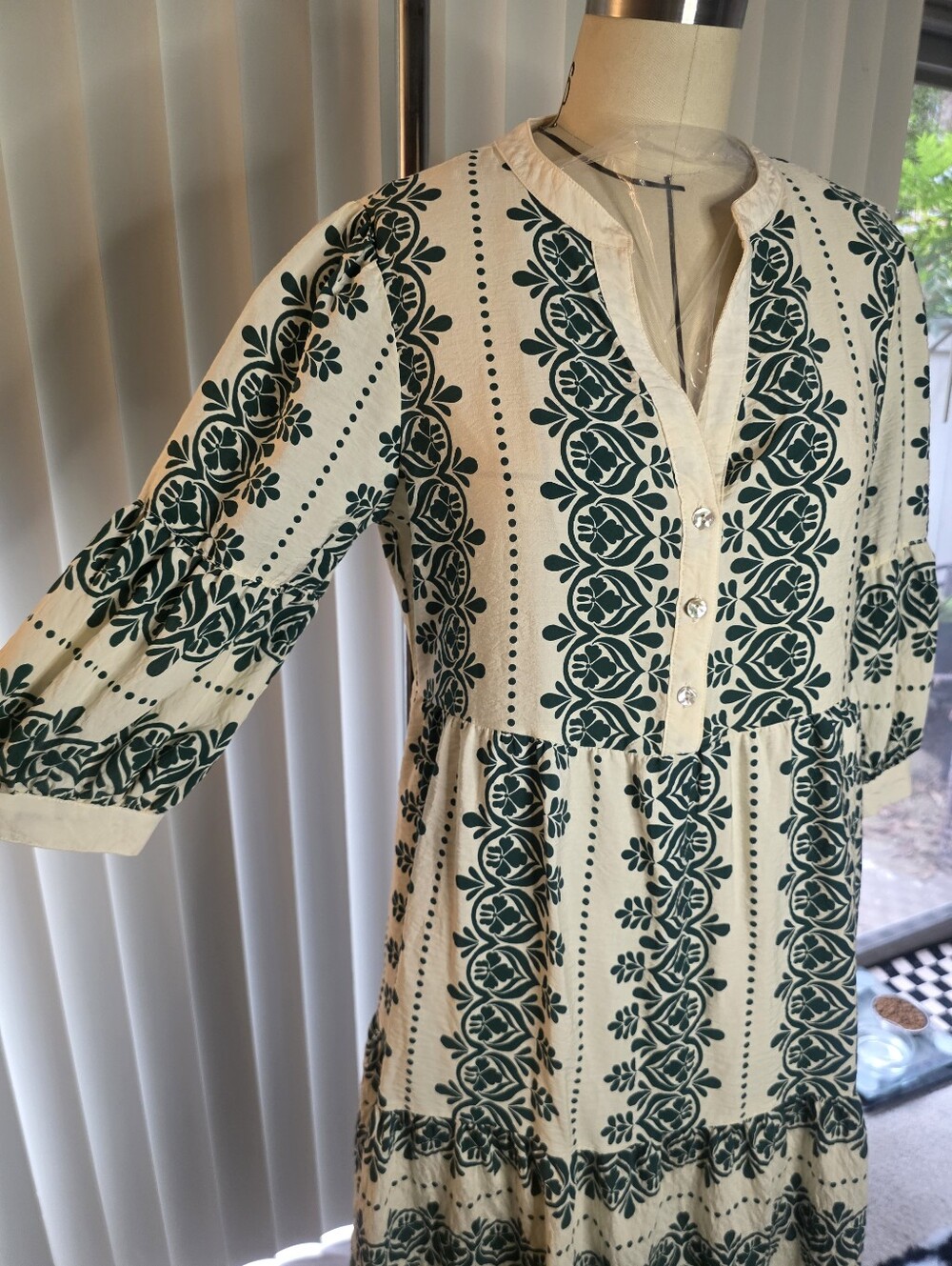 Boho MIDI dress, Cream With Forest Green Floral Design M